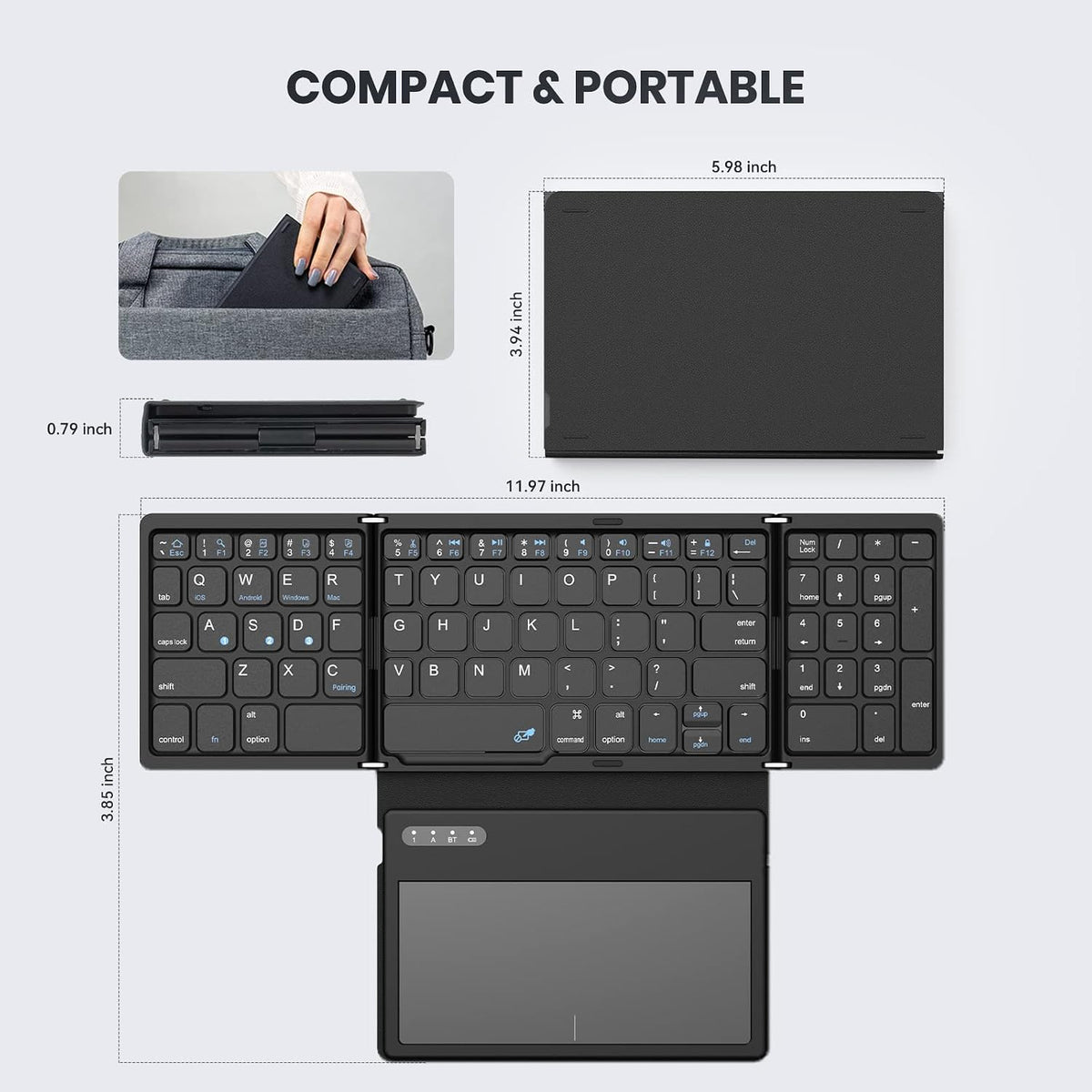 GEODMAER Foldable Bluetooth Keyboard, Portable Full Size Folding Keyboard with Large Touchpad, Numeric Keypad, PU Leather, Wireless TravelKeyboard for Windows Android Mac(Sync up to 3 Devices)