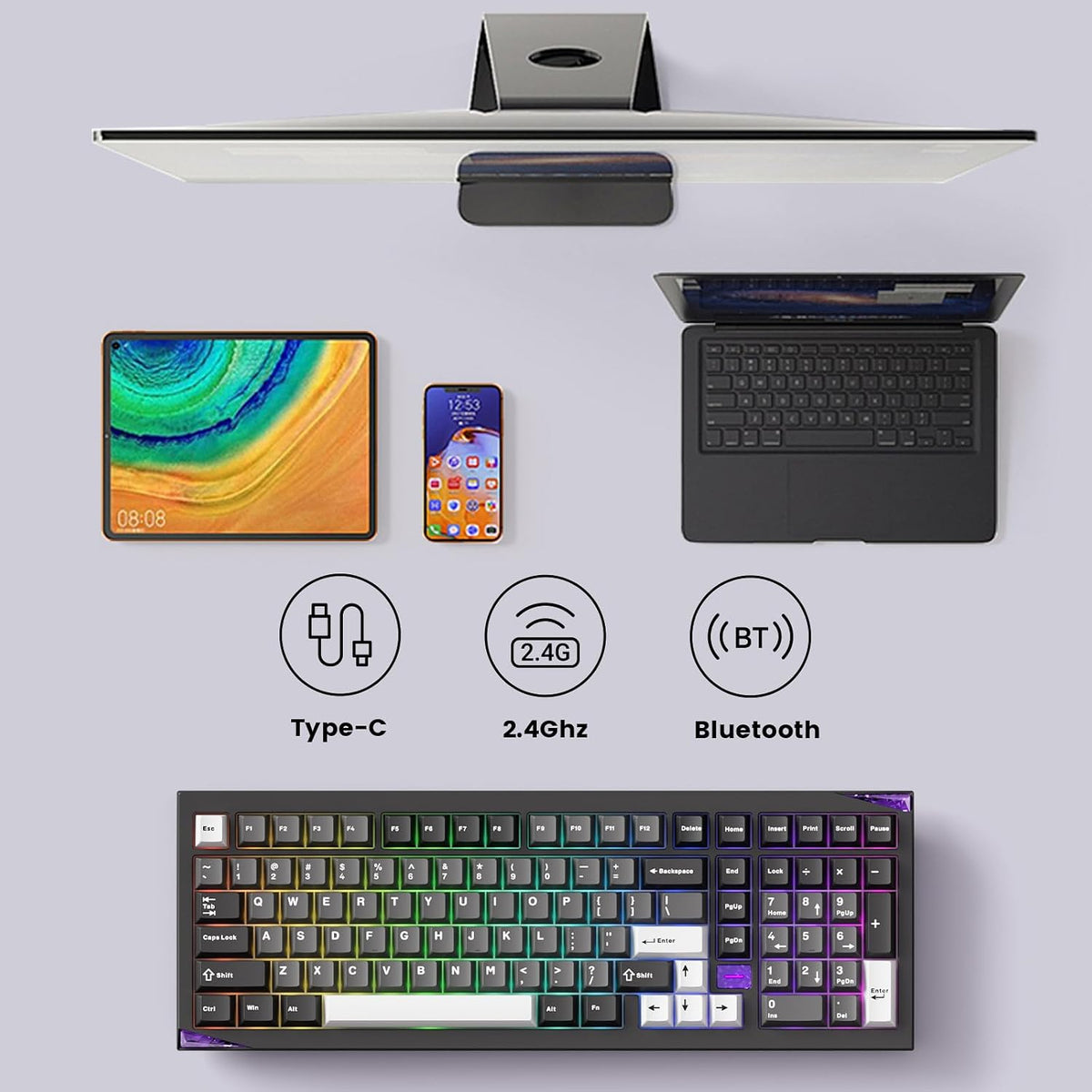 Akko Gem 02 QMK/VIA Aluminum Mechanical Keyboard Tri-Mode RGB Hot-swappable Wireless Gaming Keyboard, Black and Silver, Pre-lubed Mirror Switch