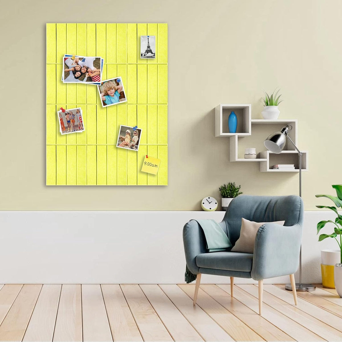 12 Packs Yellow Felt Pin Board, Large 12" Bulletin Board with 30 Push Pins, Felt Board Slat Wall Paneling for Office Home Kitchen, Self-Adhesive Corkboard Tiles for Classroom Message Photos Memos