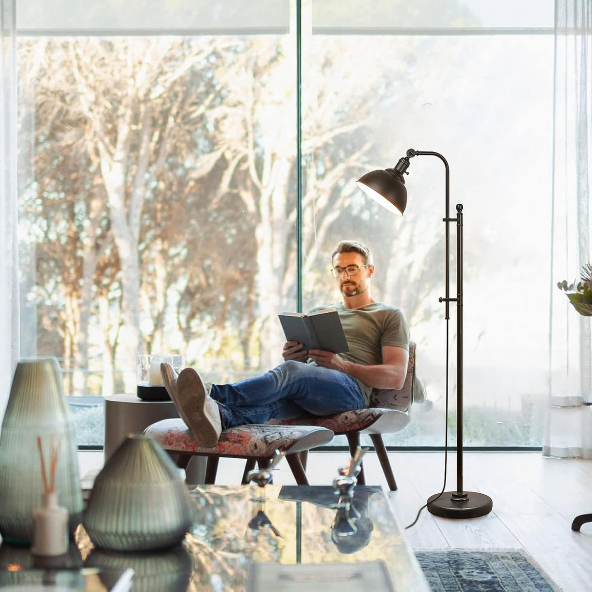 Coucrek Industrial Floor Lamp, Farmhouse Reading Lamp with 3CCT Bulb