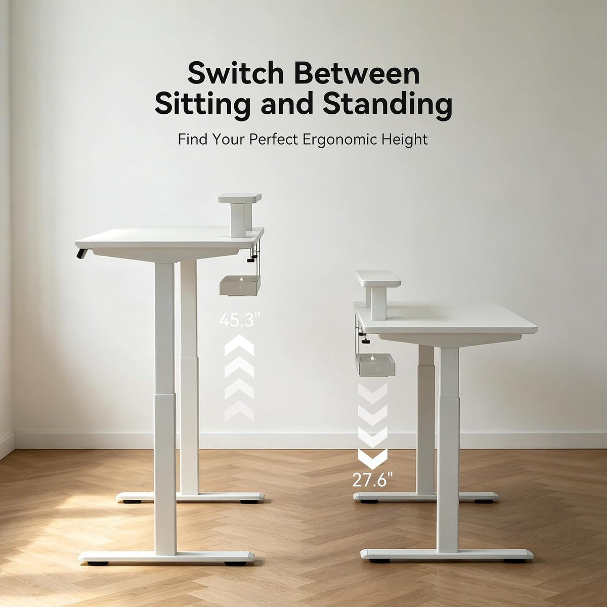 Electric Standing Desk 47.2" x 23.6", White Height Adjustable Sit Stand Desk with Ergonomic Monitor Riser, Dual Memory Presets, Cable Management Tray, Sturdy Scratch-Resistant Desktop for Home Office