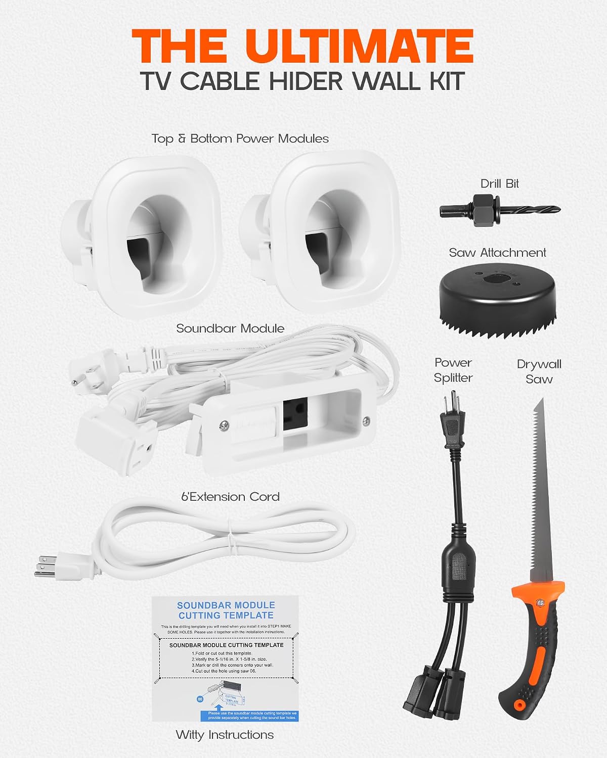 in-Wall Cable Management Kit - for TV & Soundbar - Cord Concealer & Power Kit with Circle Saw Drilling Attachment & Drywall Hand Saw, Hides All Cables & Powers Devices