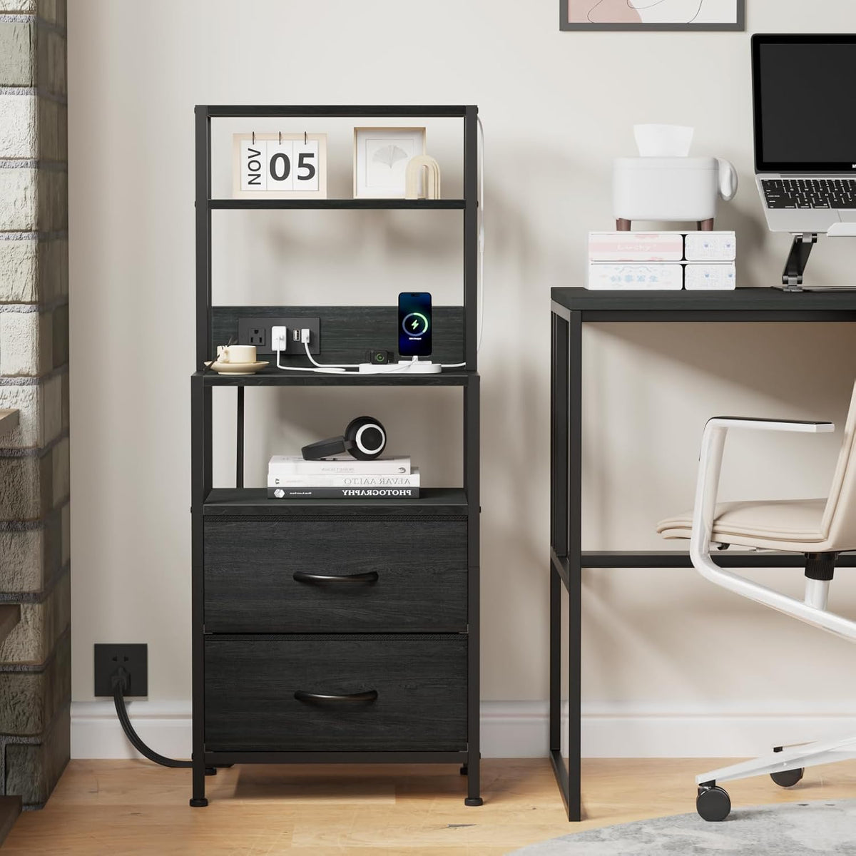 Furnulem Night Stand, Tall Nightstand with 4-Tier Shelves, 2 Fabric Drawers