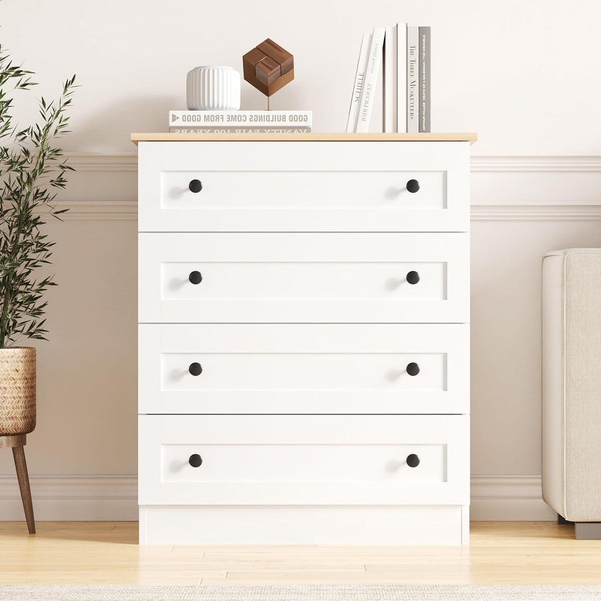 Furnify 4 Drawer Dresser, White Dresser Modern Storage Chest of Drawers, Farmhouse Storage Cabinet Organizer with 4 Drawers for Living Room, Entryway, Hallway, White