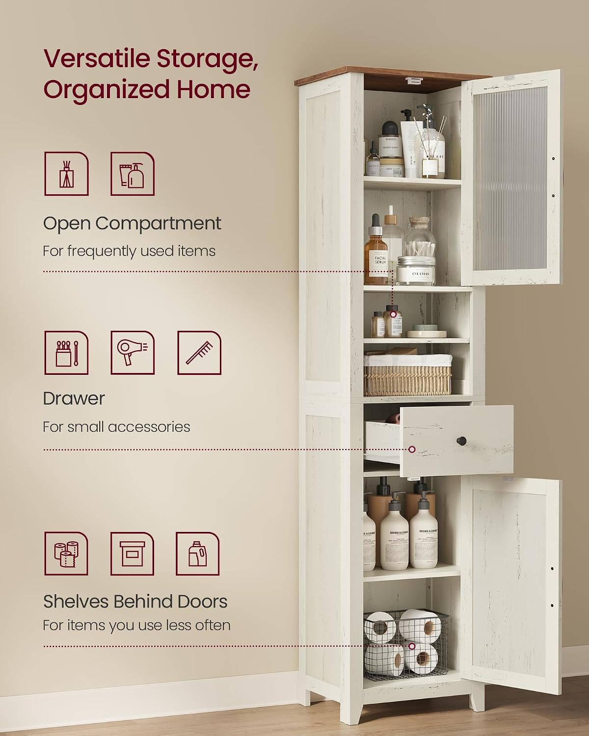 VASAGLE Tall Bathroom Cabinet, Narrow Space Saver, 15.7 x 12.4 x 67.3 inch