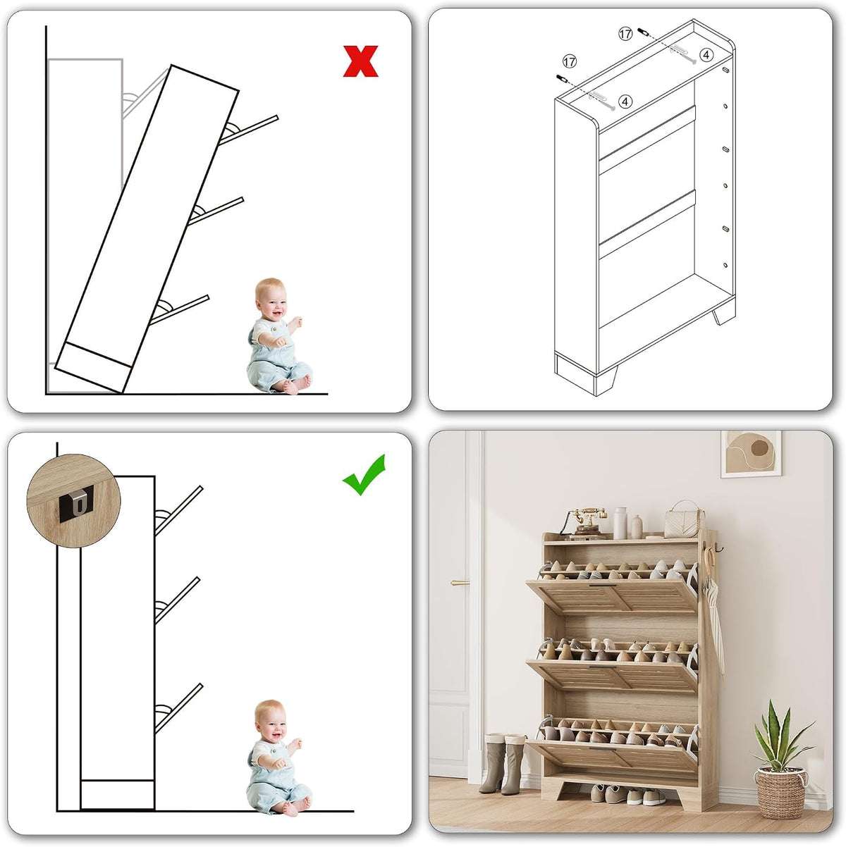 IDEALHOSUE Shoe Cabinet Storage for Entryway, Slim Shoe Storage Cabinet with 3 Flip Drawers, Freestanding Hidden Narrow Shoe Organizer Cabinet with Hooks for Entrance, Foyer, Hallway, Light Oak