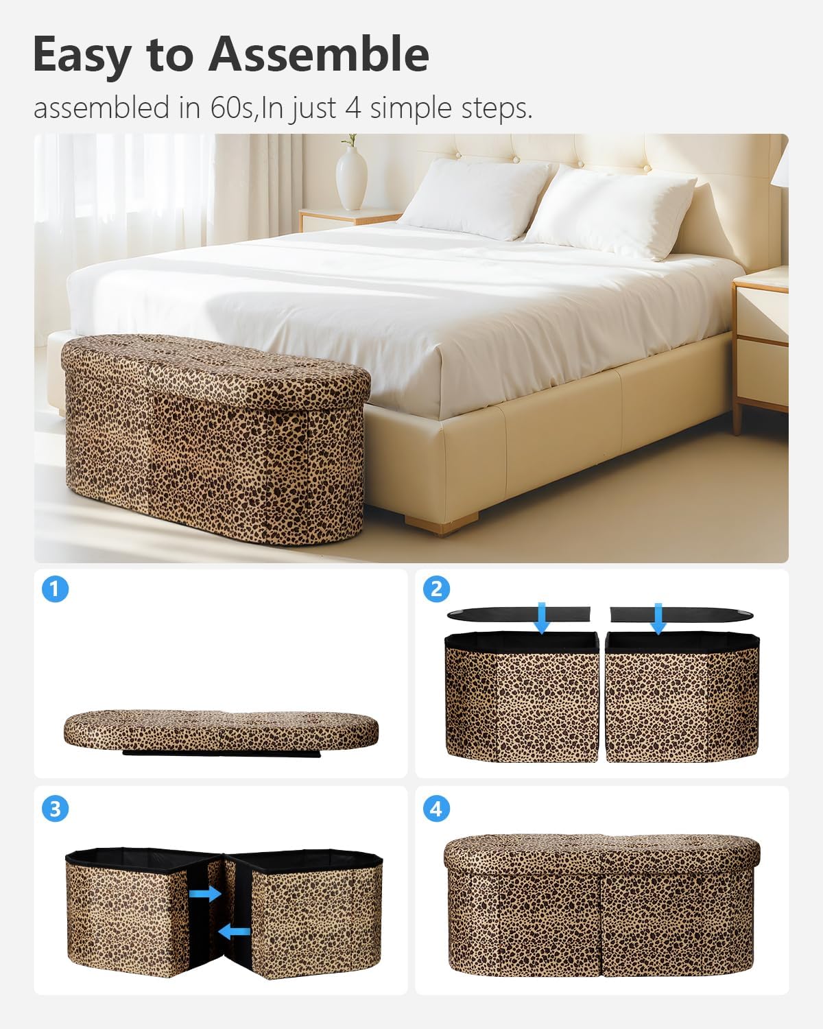 AmasSmile Oval Ottoman Storage Bench,34" Leather Folding Chest,Leopard