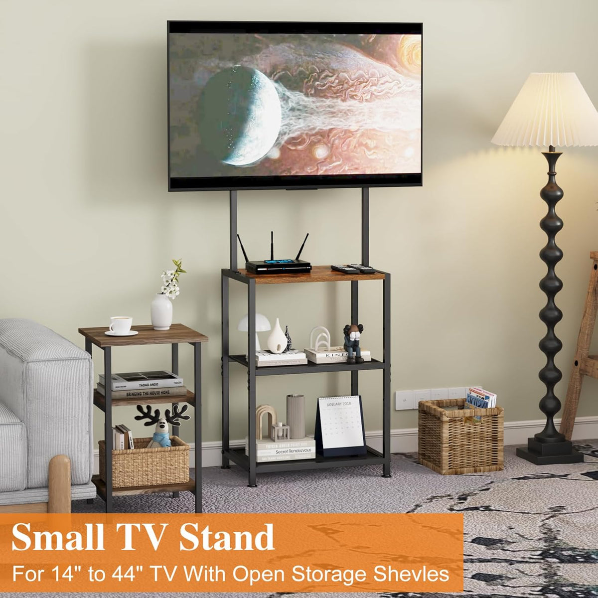 14 Inch to 42 Inch Small Corner TV Stand for Bedroom With 3 Tiers Storage Shelves, Floor Universal Television Stand With Mount For 40 Inch 32 Inch TV,Brown TV Table Shelf With Adjustable Feet, Sturdy