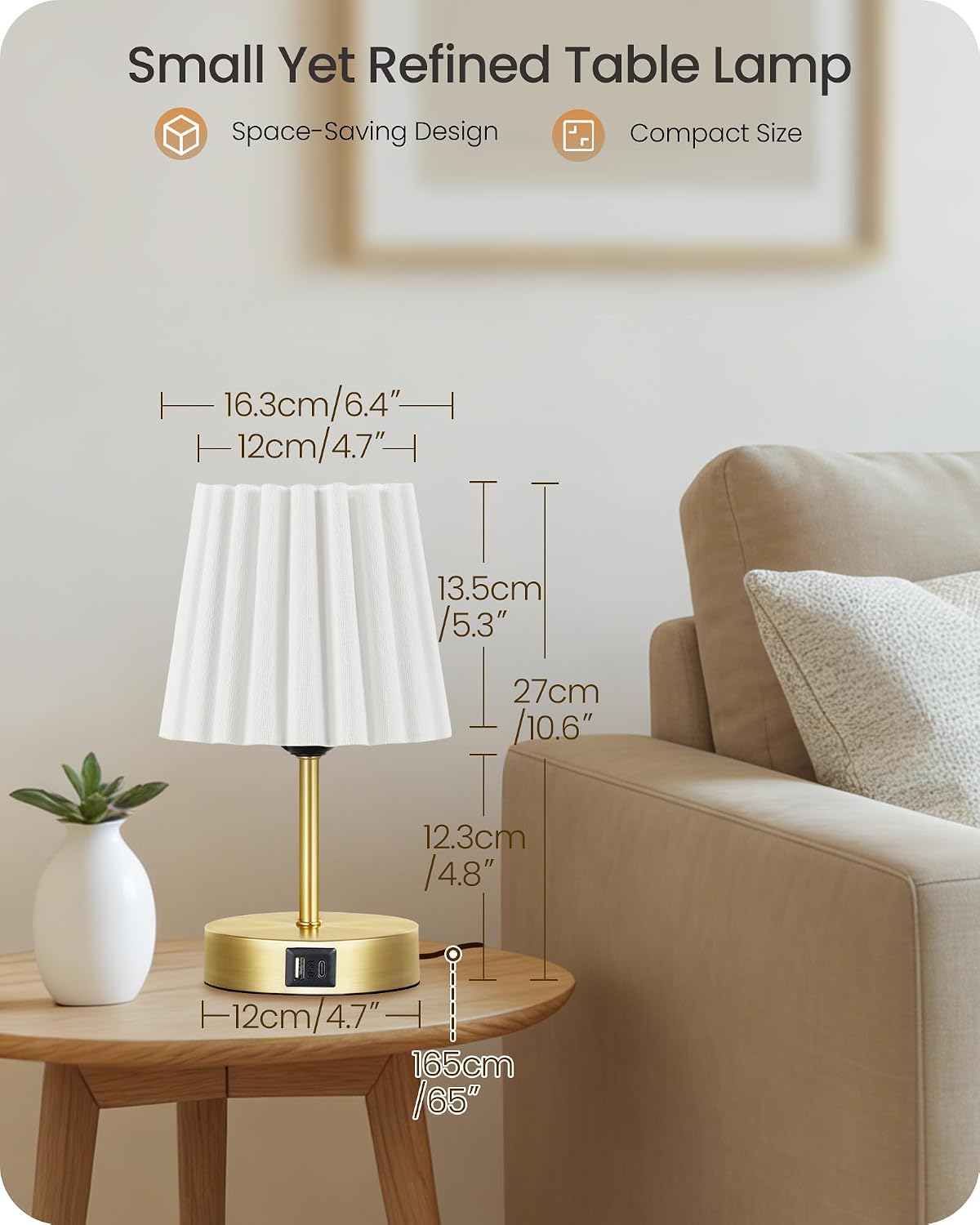 Small Bedside Table Lamps Set of 2, Touch Dimmable Table Lamps with USB Ports, Nightstand Lamps with 2 Stepless Dimming LED Bulbs, E26 Base, for Bedroom, Study, Gold and White DW16TLP205