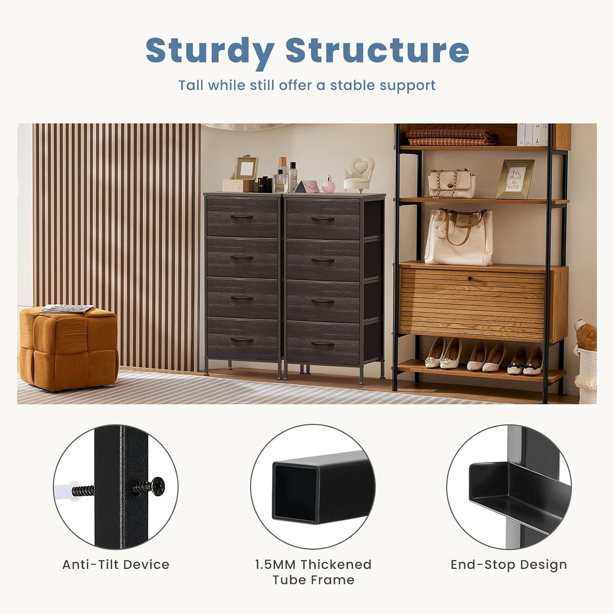 DUMOS Nightstand with 4 Drawers Bedside Table with Removable Fabric Bins Sturdy Steel Frame Wood Top Organizer Furniture for Bedroom Closet Living Room,Black Wood Grain