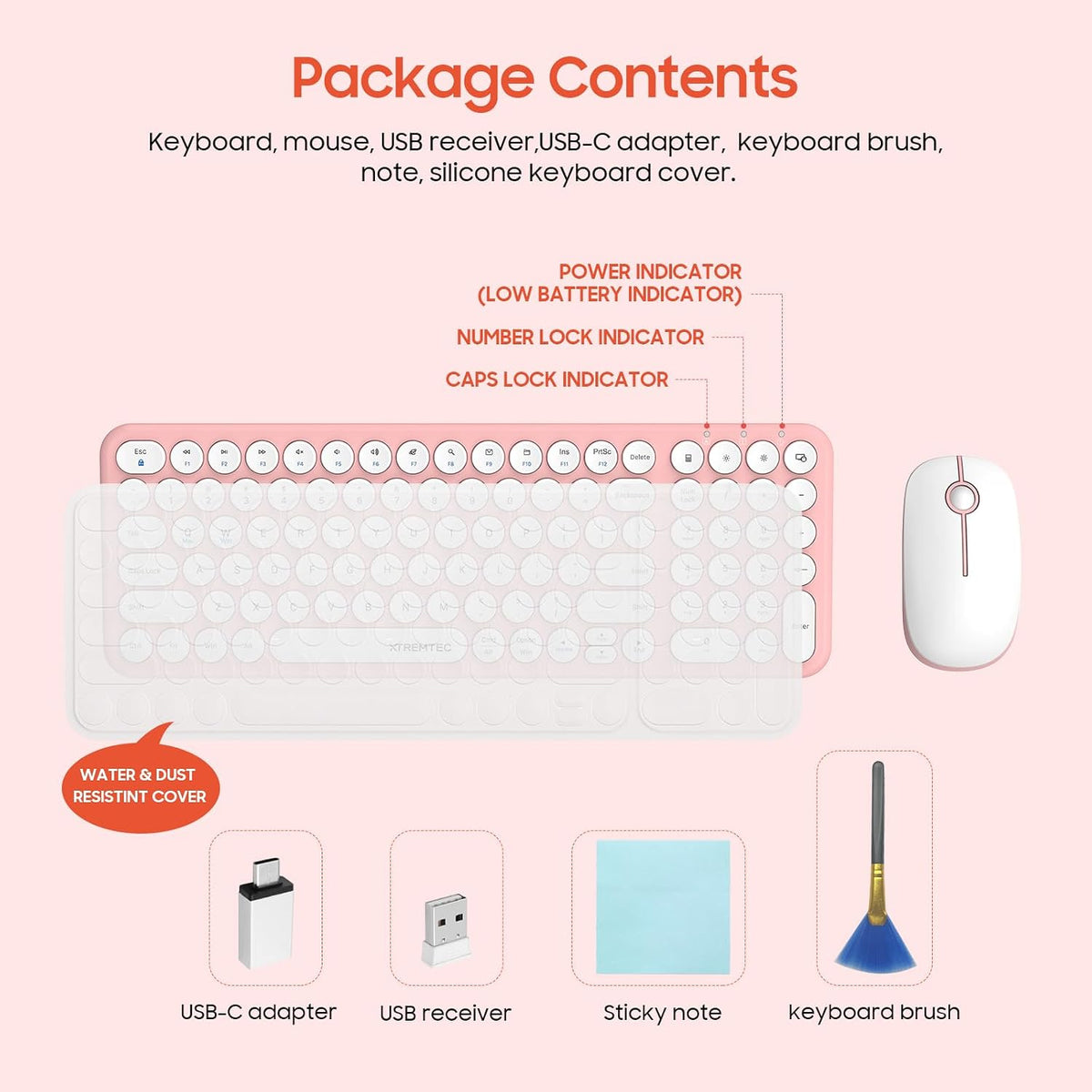 Wireless Keyboard and Mouse Combo,XTREMTEC 2.4GHz Quiet Slim Cute Round Keycap Compact Size Pink Kawaii Cordless Retro Keyboard and Mouse Set Home Office Accessories for Mac/Windows(Sakura Pink)