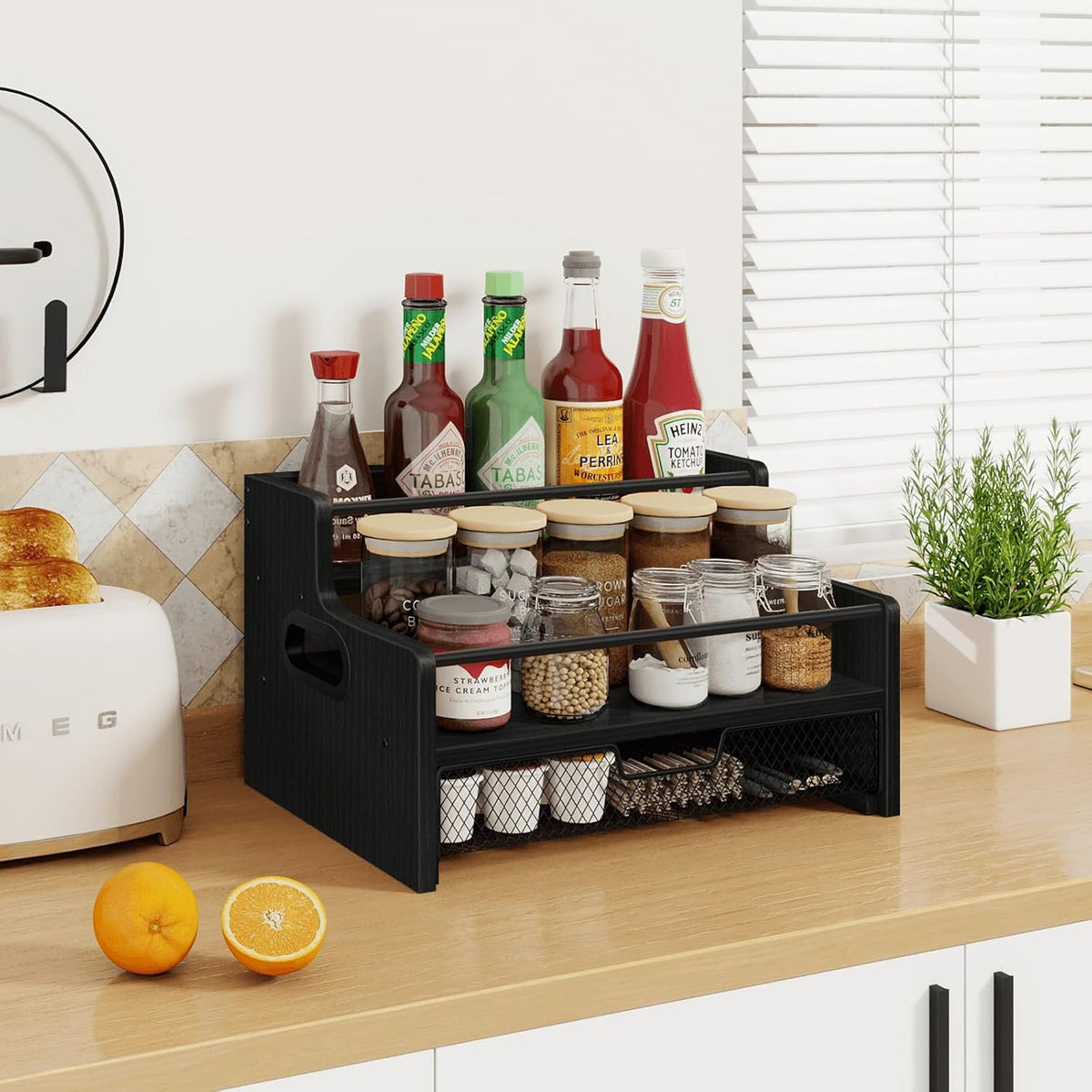 Homode 3-Tier Coffee Bar Organizer, 8 Bottle Syrup Stand, Black
