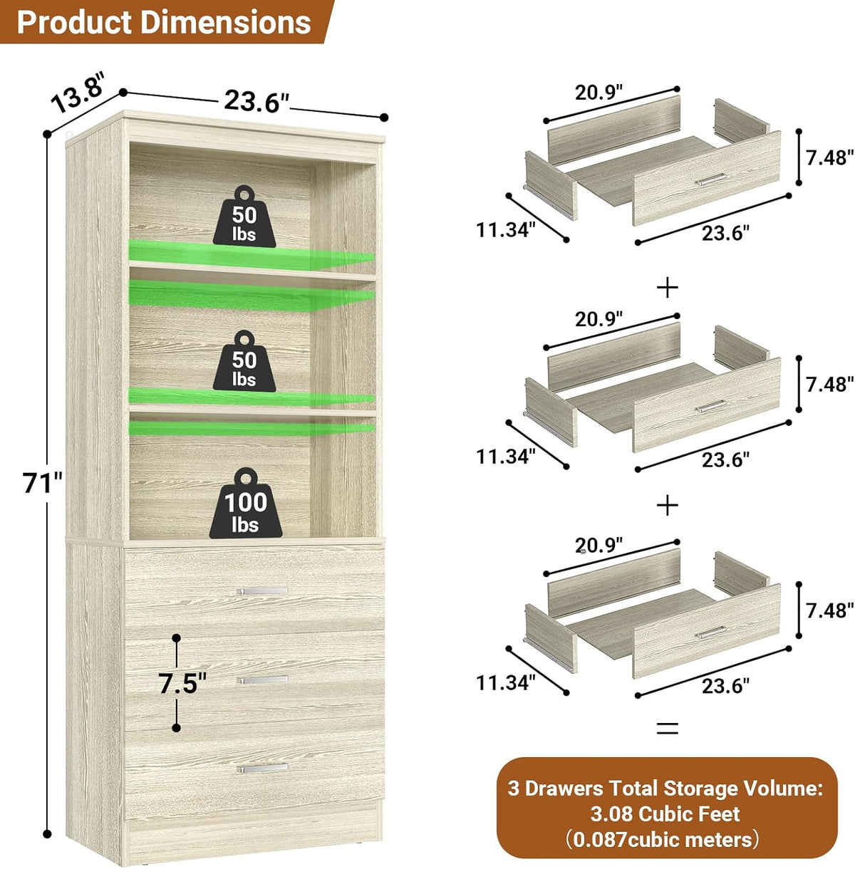 Aheaplus 23.6" Closet Drawers System,Closet System with 3 Drawers,White Oak