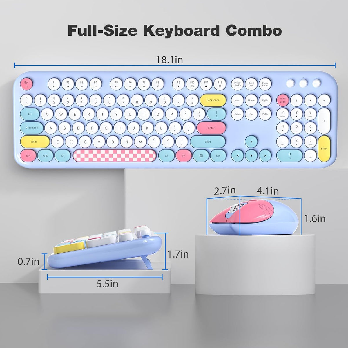 Dilter Wireless Keyboard and Mouse Combo, Full-Sized Typewriter Keyboards, Cute Cat Shaped Wireless Mouse, USB Plug and Play for Windows, Computer, PC, Laptop, Desktop (Blue Colorful)