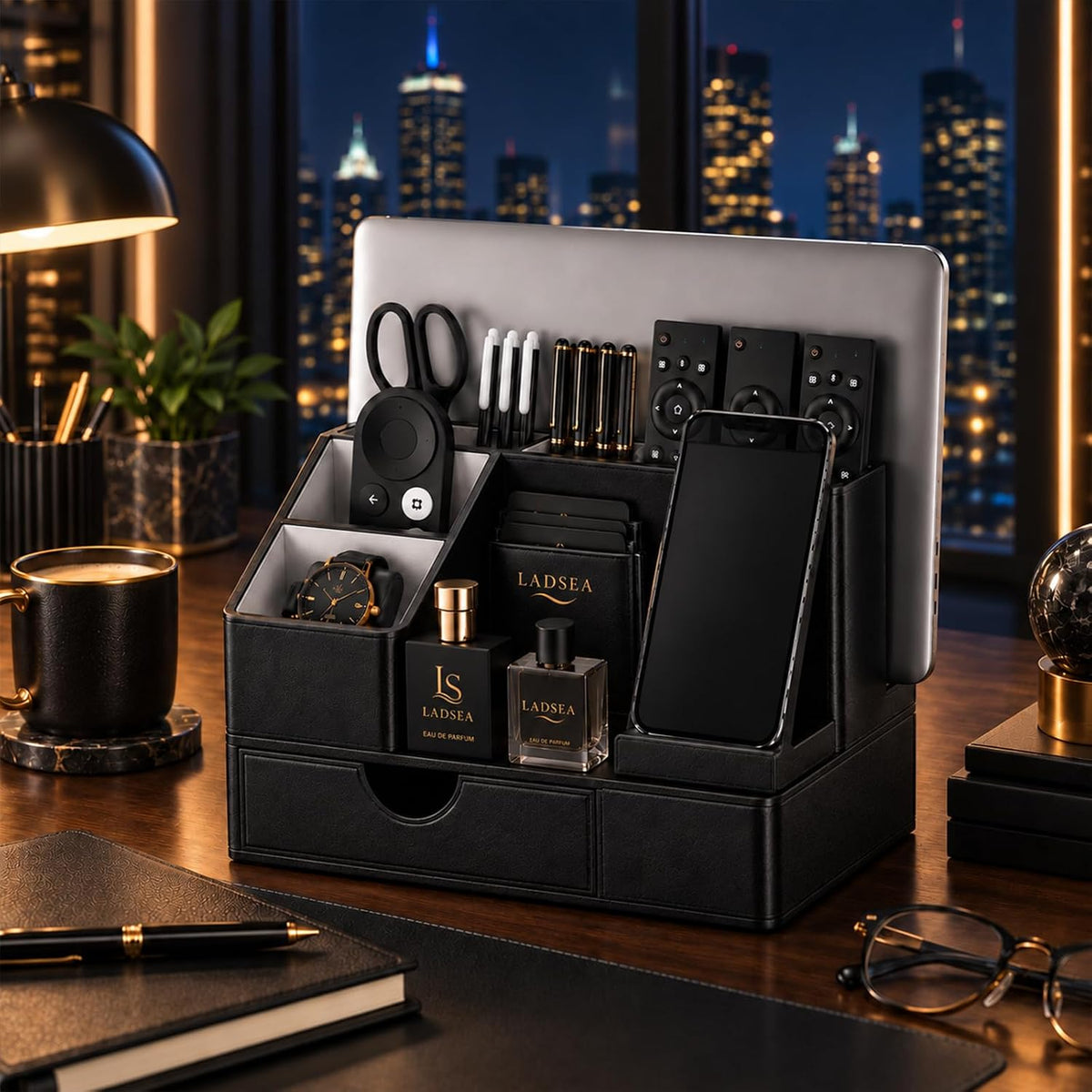 6-in-1 Desk Organizer for Men, PU Leather Phone Stand with Drawer, Bedside Nightstand Caddy for Watch, Wallet and Glasses