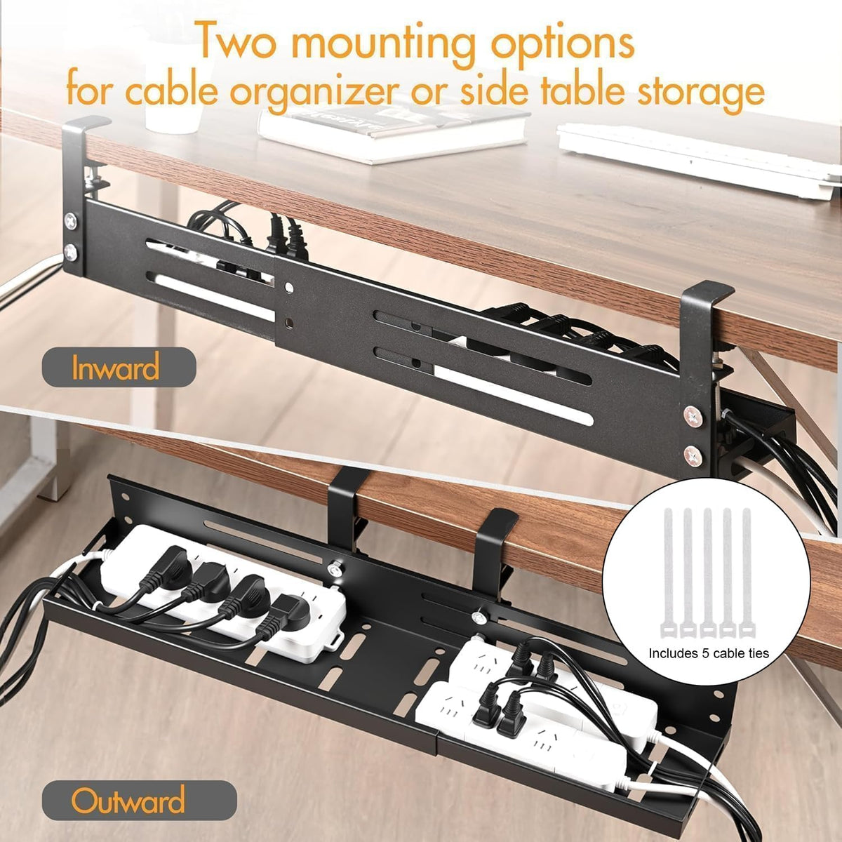 No Drill Under Desk Cable Management Tray, 17”-30” Retractable Cord Organizer for Table, Clamp Mount Wire Basket, Power Strip Holder & Metal Cord Organizer for Office, Home,Black