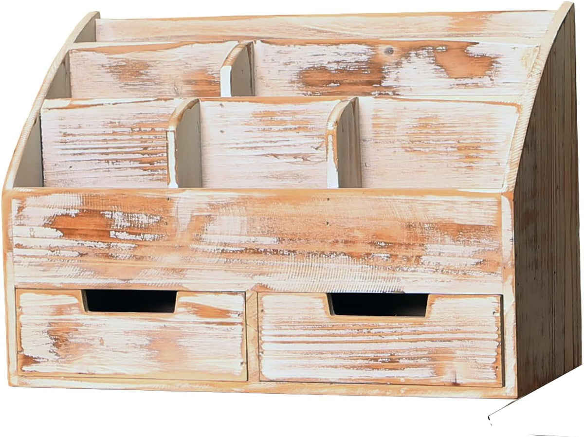 Rustic White Wooden Desk Organizer 2 Drawer Shelf,Mail Rack