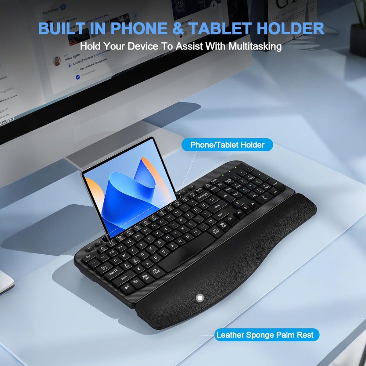 EAYBLLY 2.4G Wireless Ergonomic Keyboard, Full Size Wave Keys with Memory Foam Wrist Rest & 7.28in Phone Holder, USB-C Adapter Included for Windows Mac Chrome OS, Office or Home (Black)