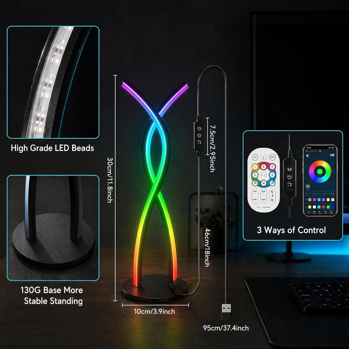 Modern Spiral LED Desk Lamp, Smart RGB Table Lamp with Music Sync & APP Control, DIY Color Changing Night Light, 5V USB Unique Design for Bedroom Living Room