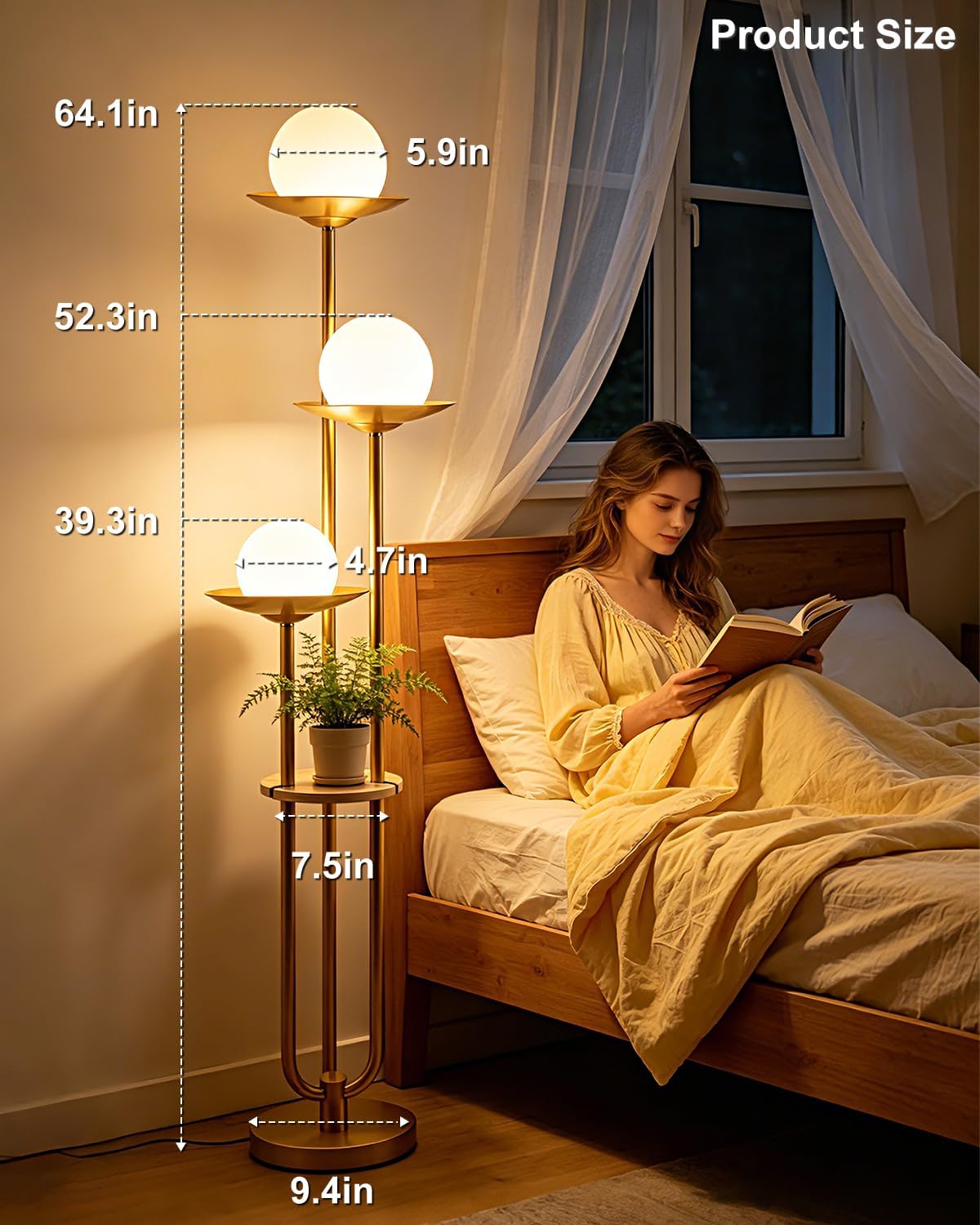 Lightdot Globe Floor Lamp with Table 3-Lights Modern Dimmable Floor Lamps for Wedding/Party, 3000K Warm White Bulbs Included, Gold Tall Standing Lamp for Living Room/Bedroom/Sofa Beside/Corner Decor