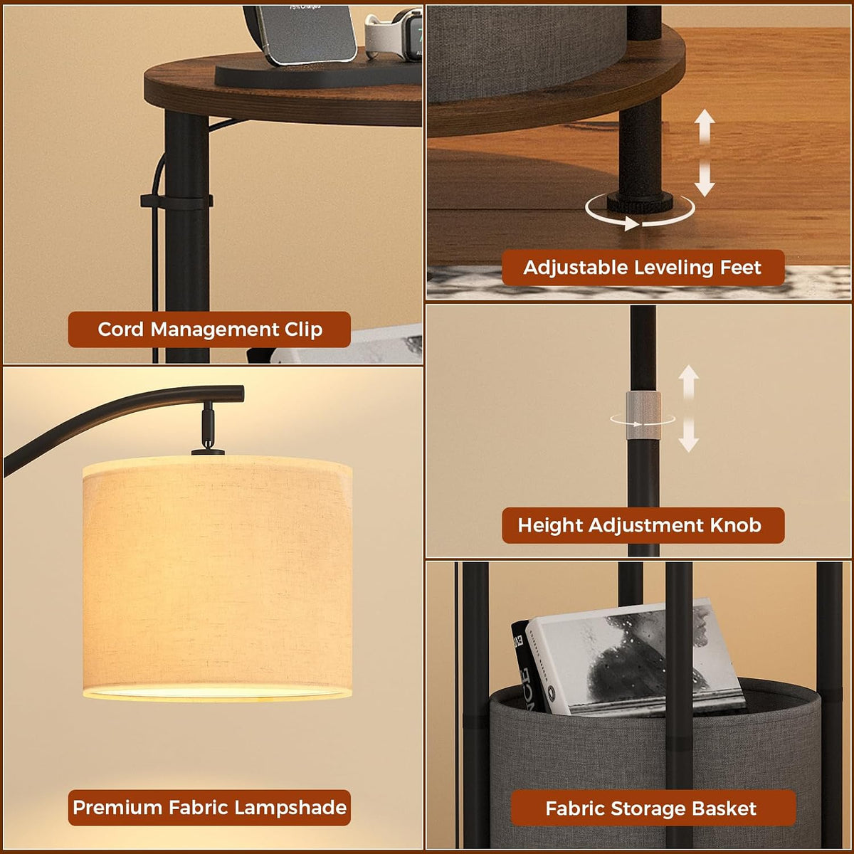 Floor Lamp with Table,Nightstand with Charging Station Living Room