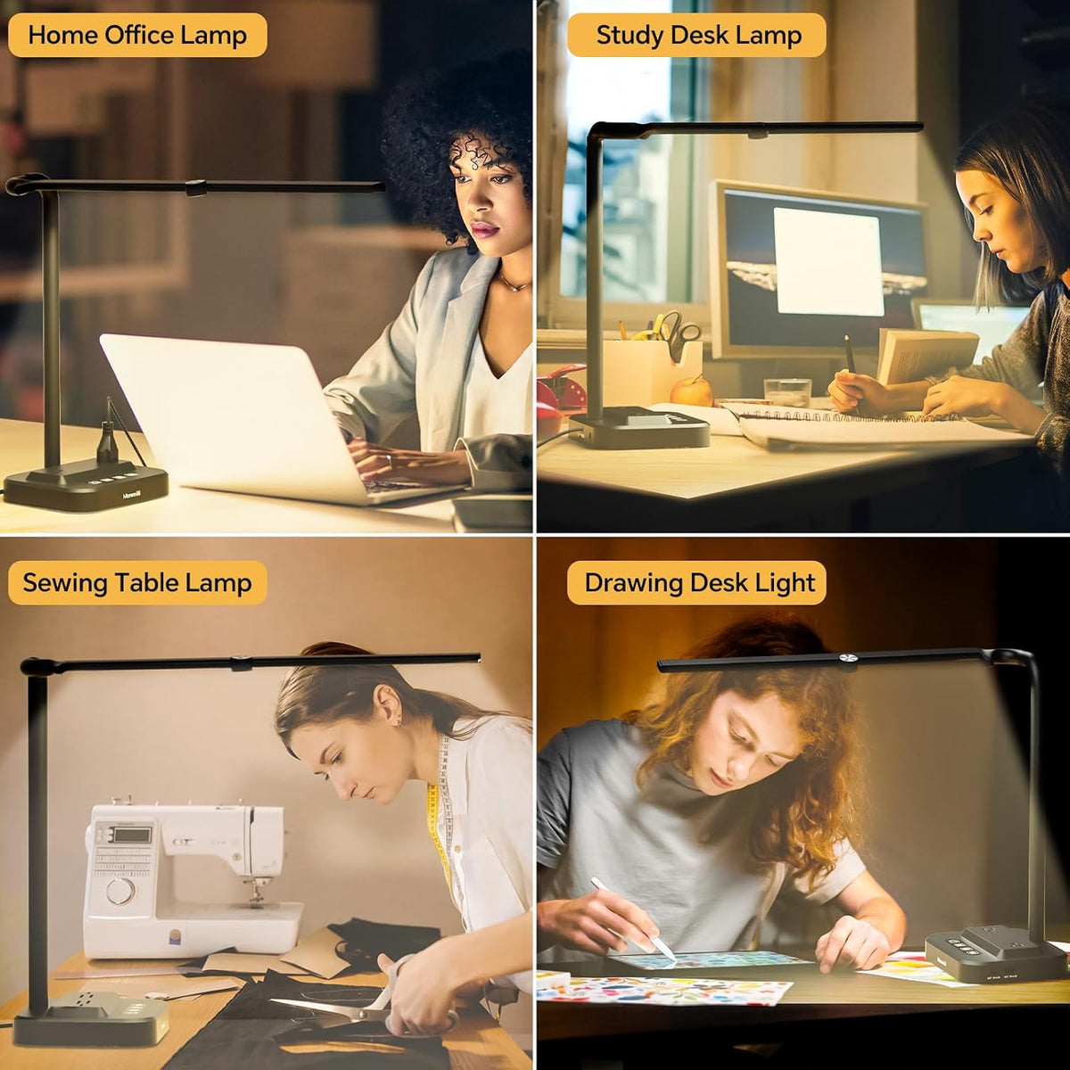 LED Desk Lamp for Home Office: Desk Light Double Head Adjustable with Power Strip 2 AC Outlets, USB-C USB-A Charging Ports Surge Protection, Foldable Table Lamp for College Dorm Room Essentials