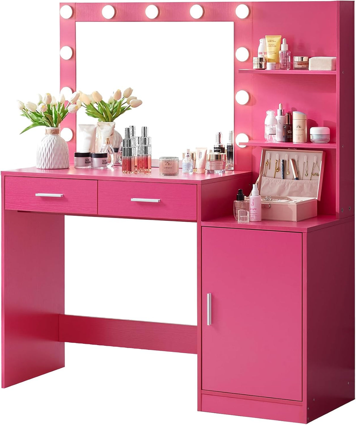 MIRROTOWEL 46.7" Vanity Desk with Mirror & LED Lights, Dressing Table with 2 Large Drawers & Vertical Organizer, 3-Tier Storage, 3 Adjustable Lighting Modes, Makeup Desk for Bedroom