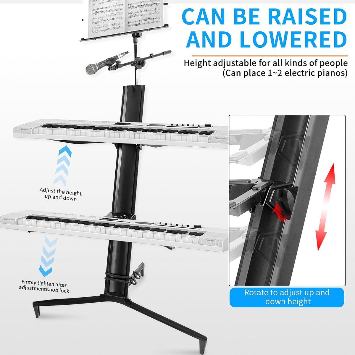 AKOZLIN Aluminum Alloy Keyboard Stand Spider 61 76 88 Keys Holder 2 Tier With Detachable Music and Microphone Rack(Black)