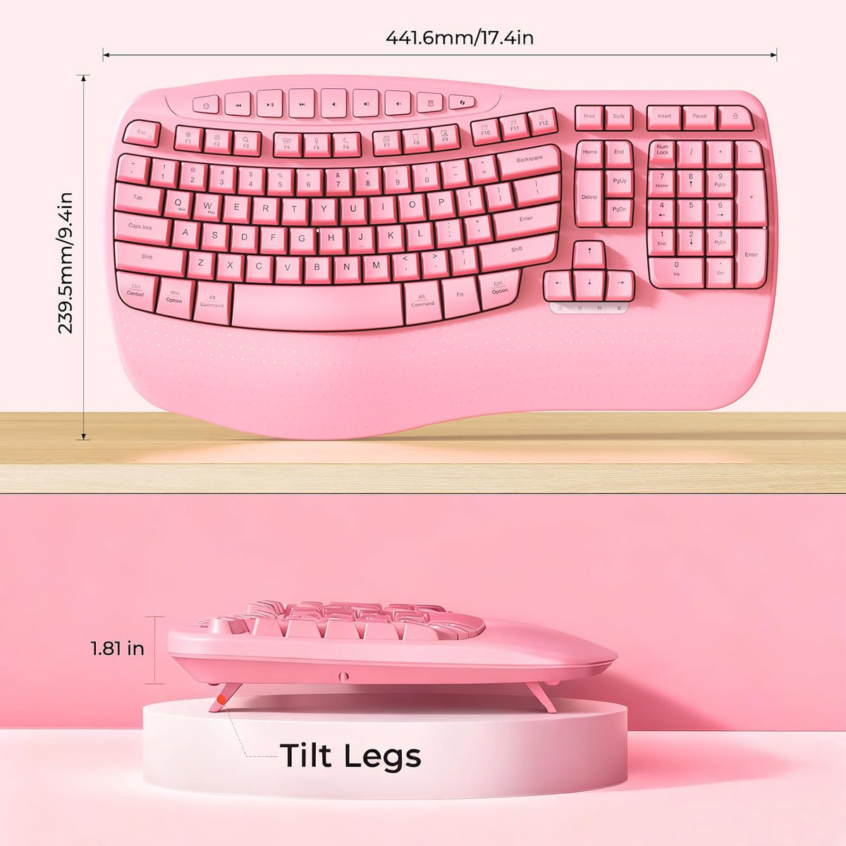 MEETION Wireless Ergonomic Keyboard, Wave Keys with Wrist Rest, Pink