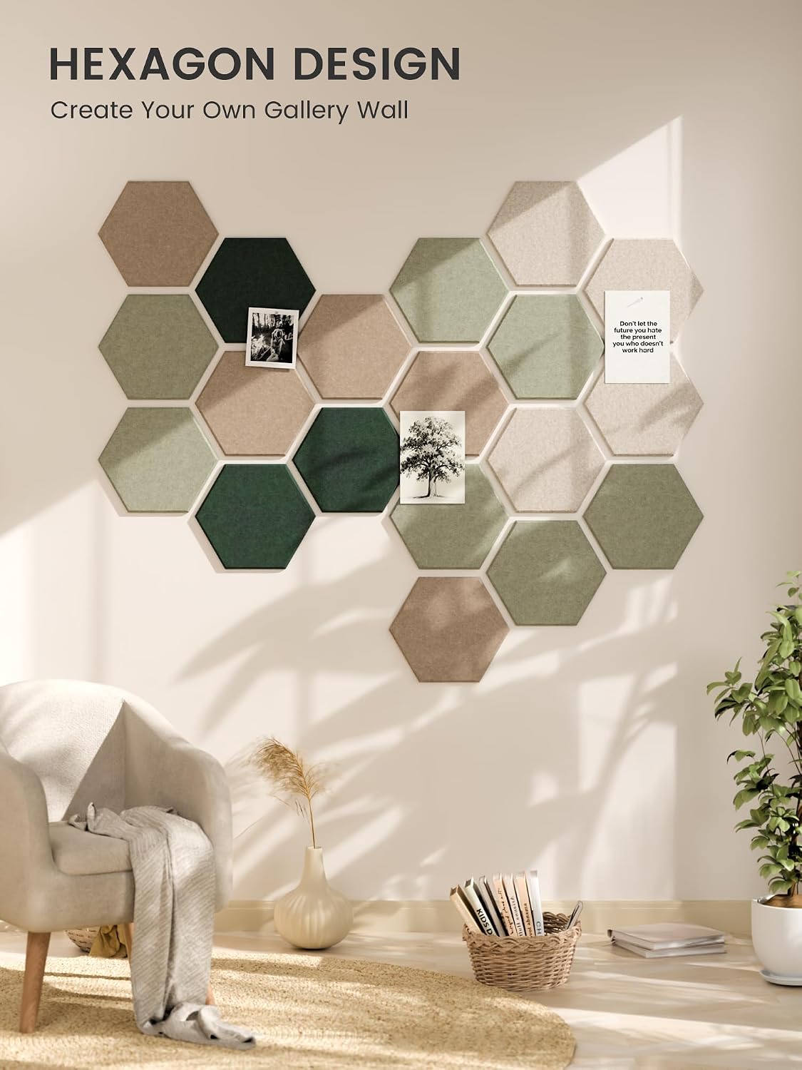 Fluxynara 12-Pack Hexagon Felt Bulletin Board Tiles, Nordic Moss-1