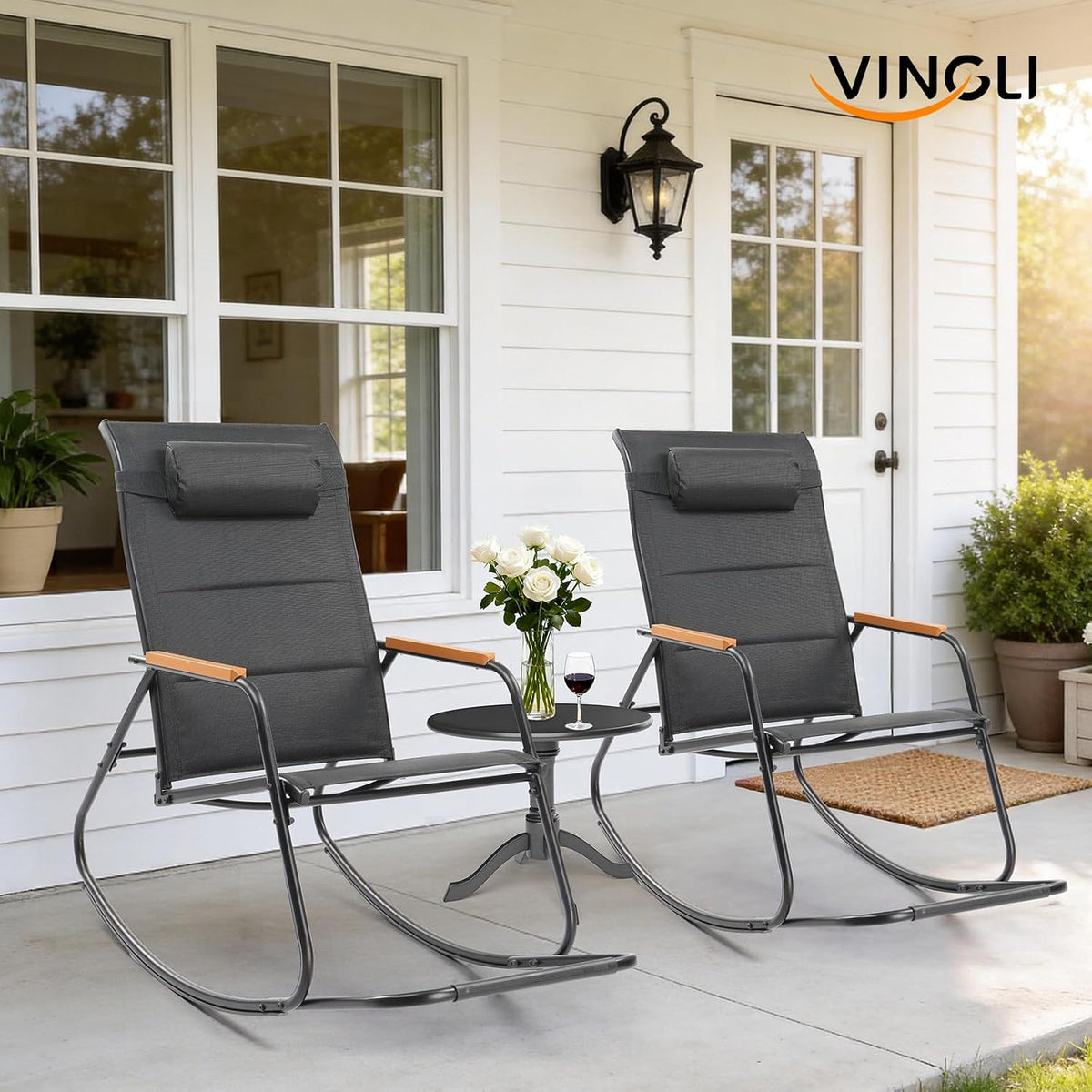 VINGLI Outdoor Rocking Chair, Textilene Mesh Patio Rocker, Outdoor Rocker with Footrest, Pillow, All Weather Porch Rocker for Garden, Living Room, Patio, Lawn (Black, with footrest)