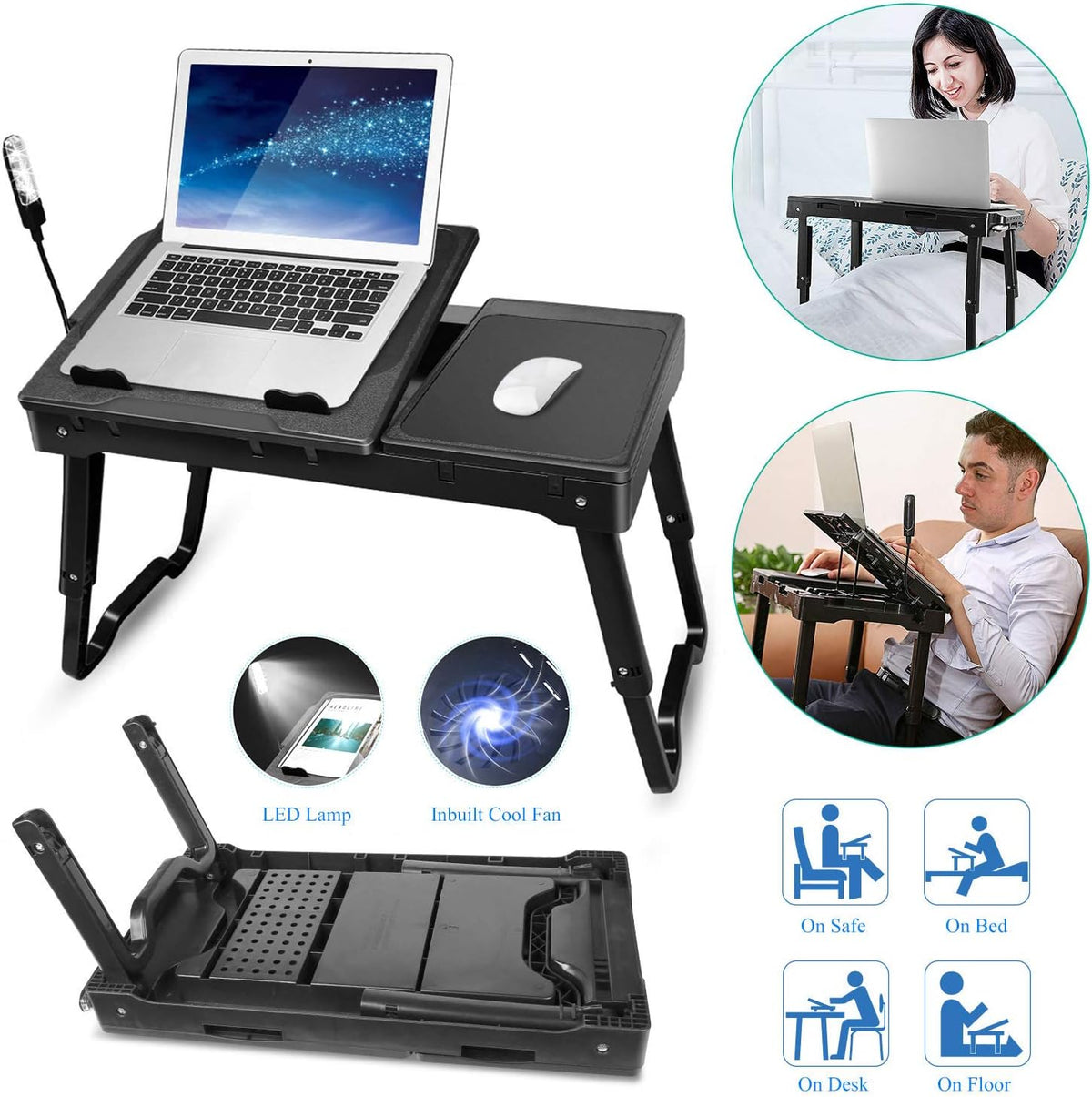 TeqHome Laptop Desk for Bed, Adjustable Table with Fan, Portable Lap Desk, Foldable Legs, Stand for Couch Sofa, Tray with LED Light, 4 USB Ports, Storage, Mouse Pad