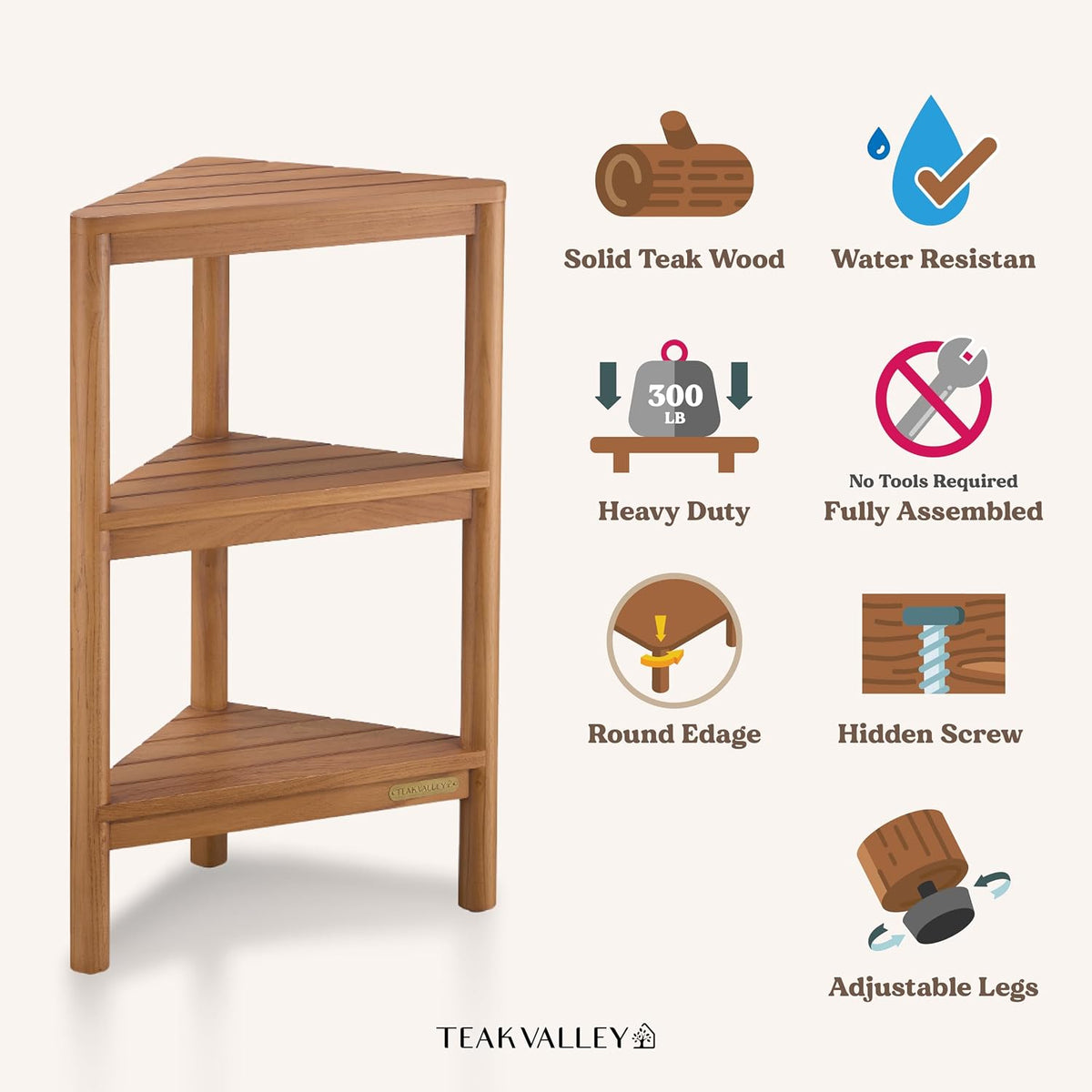 Fully Assembled Teak Corner Shower Shelf, Shower Caddy 26.5"