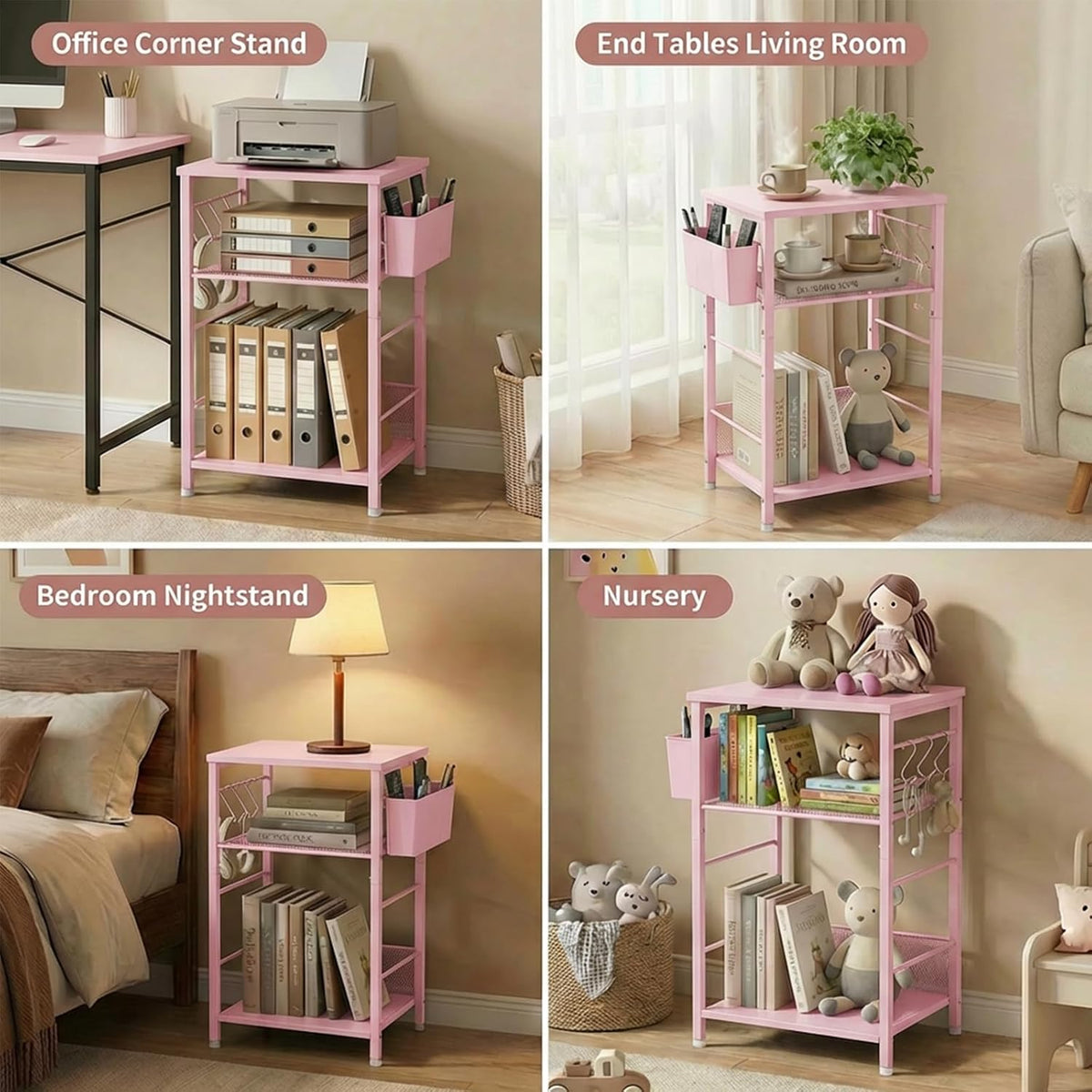 ECOLOVI Small 3 Tier Printer Stand for Under Desk, Height Adjustable Shelf Printer Table with 3 S-Hooks & Basket, Heavy Duty Industrial Storage Shelf for Home Office (Deep Pink)