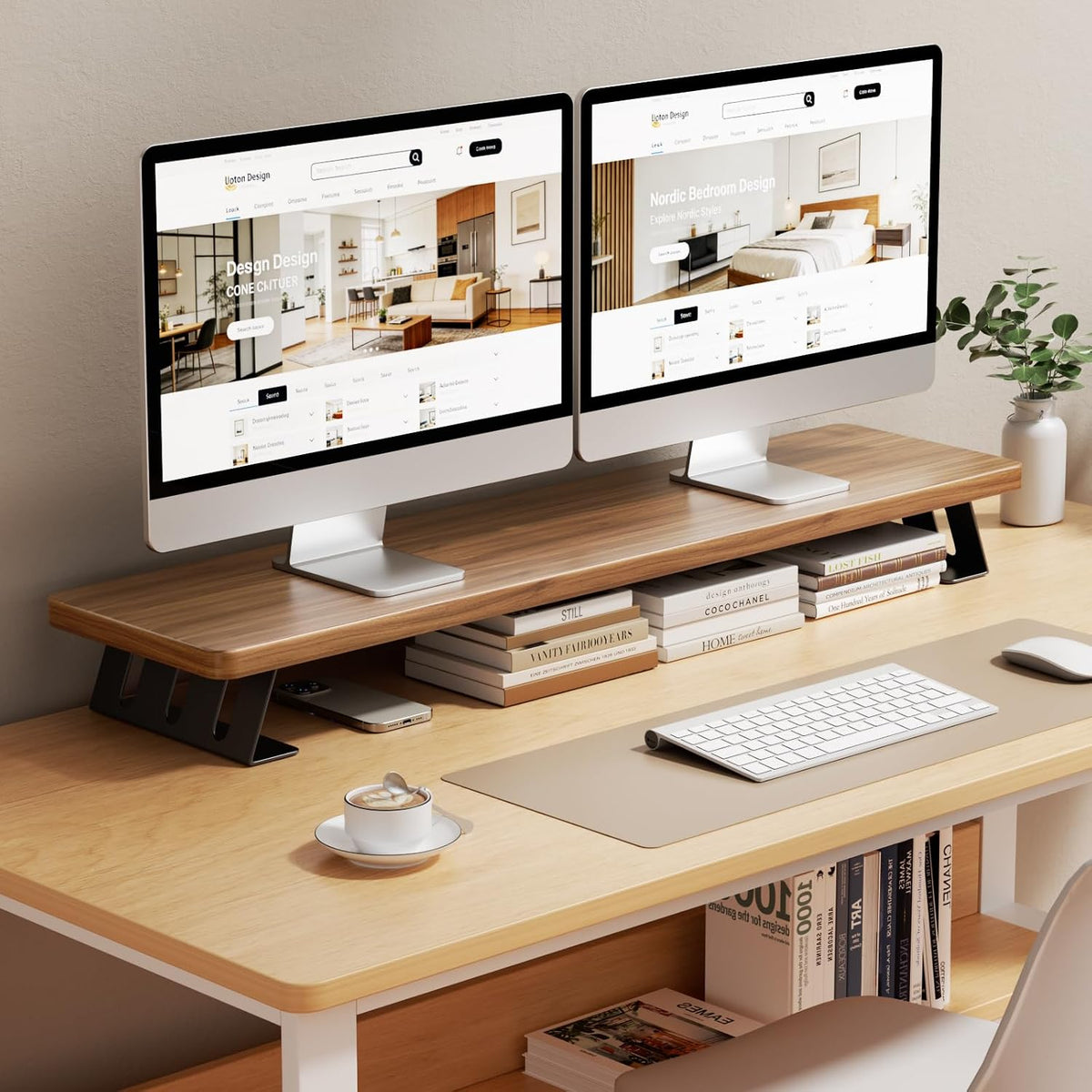 Dual Monitor Stand Riser, 39 Inch Large Wood Monitor Stands for 2 Monitors