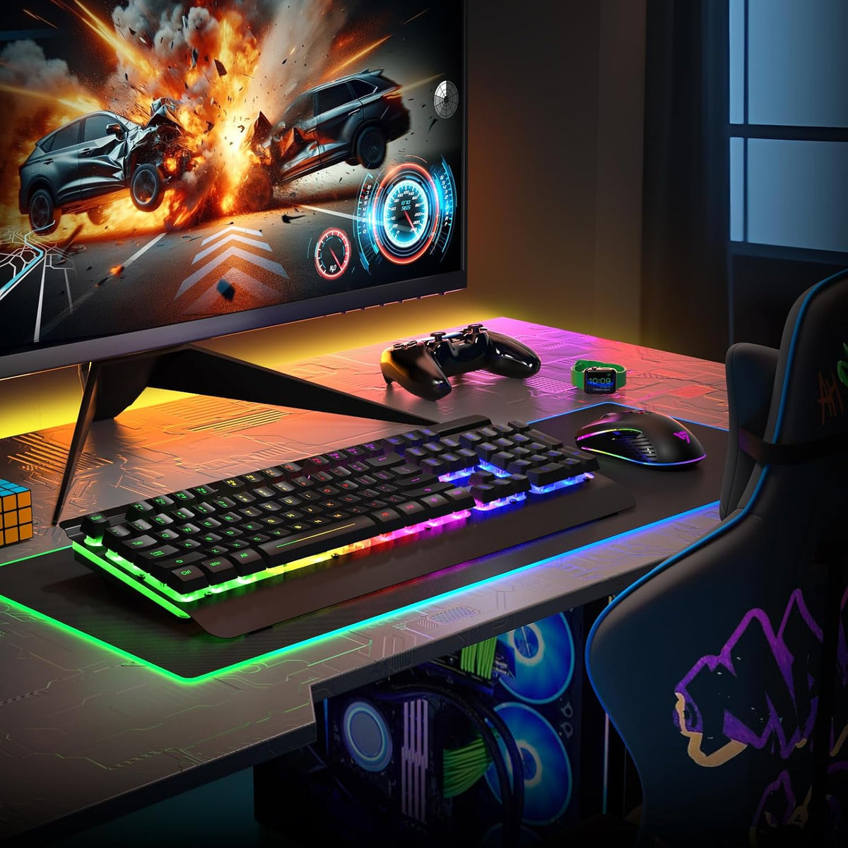 Wireless Gaming Keyboard and Mouse Combo, Metal Panel Light Up 3200DPI Mice