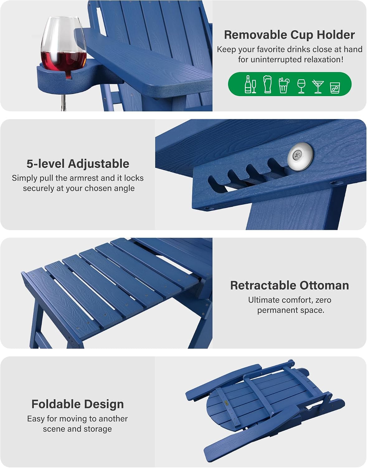 YEFU Adjustable Adirondack Chair with Footrest,All-Weather, Navy
