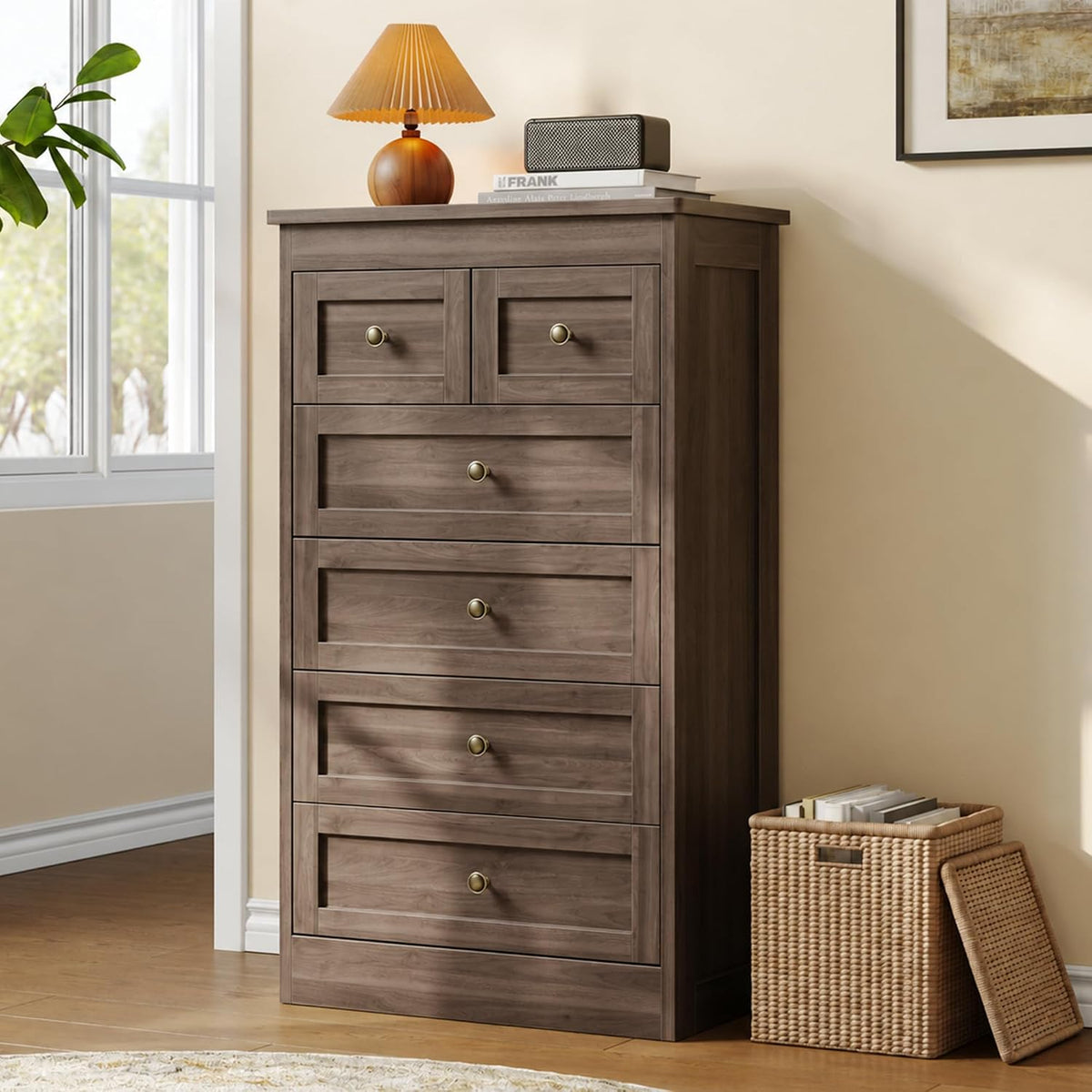 wanan Tall 6 Drawer Dresser for Bedroom, Gray Walnut Modern 43.3'' Tall Wood Chest of Drawers, Storage Organizer with Smooth Metal Rails & Anti-Tip Kit for Closet, Hallway, Living Room