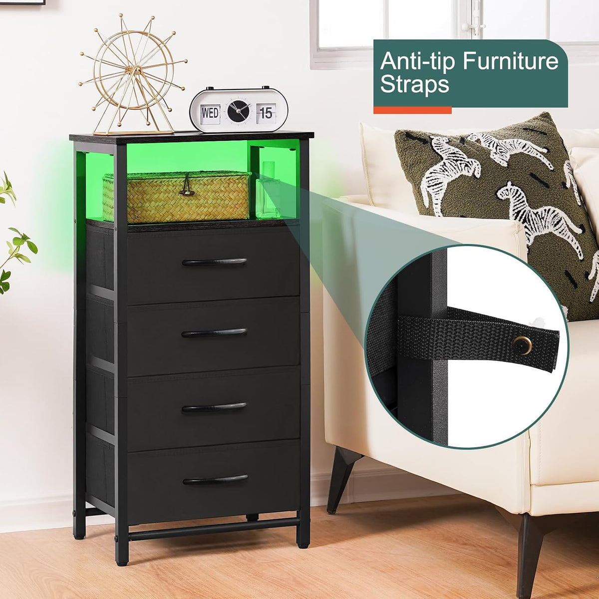 Yoobure Night Stand - Black Nightstand with Charging Station, Small Dresser