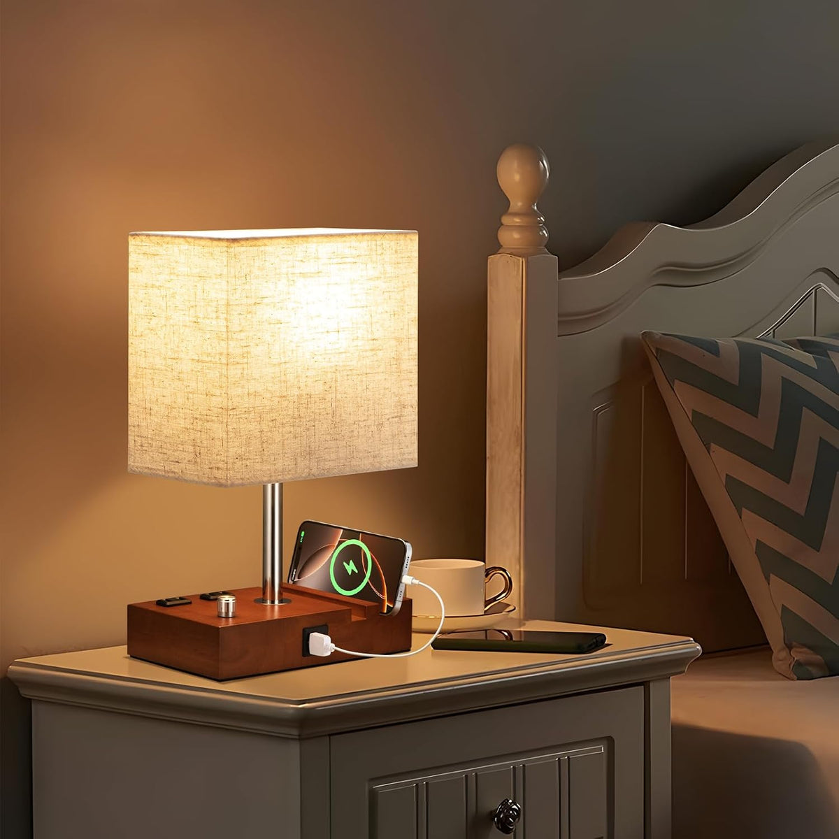 Brown Wood Grain Bedside Lamp - Stepless Dimmable, USB C+A, 2 AC Outlets