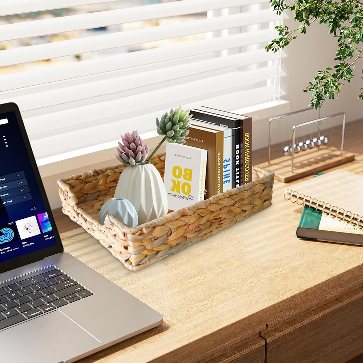 2 Pcs A4 File Tray, Natural Water Hyacinth Desk Basket, Wicker Paper Tray File Basket for Desk Organizer, Woven Letter Size Documents Trays for Office,Toilet Tank Organizer
