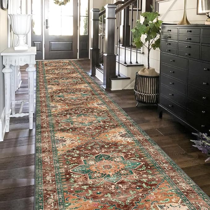 Yamaziot Washable Runner Rug, Stain Resistant & Low Pile Faux Wool Distressed