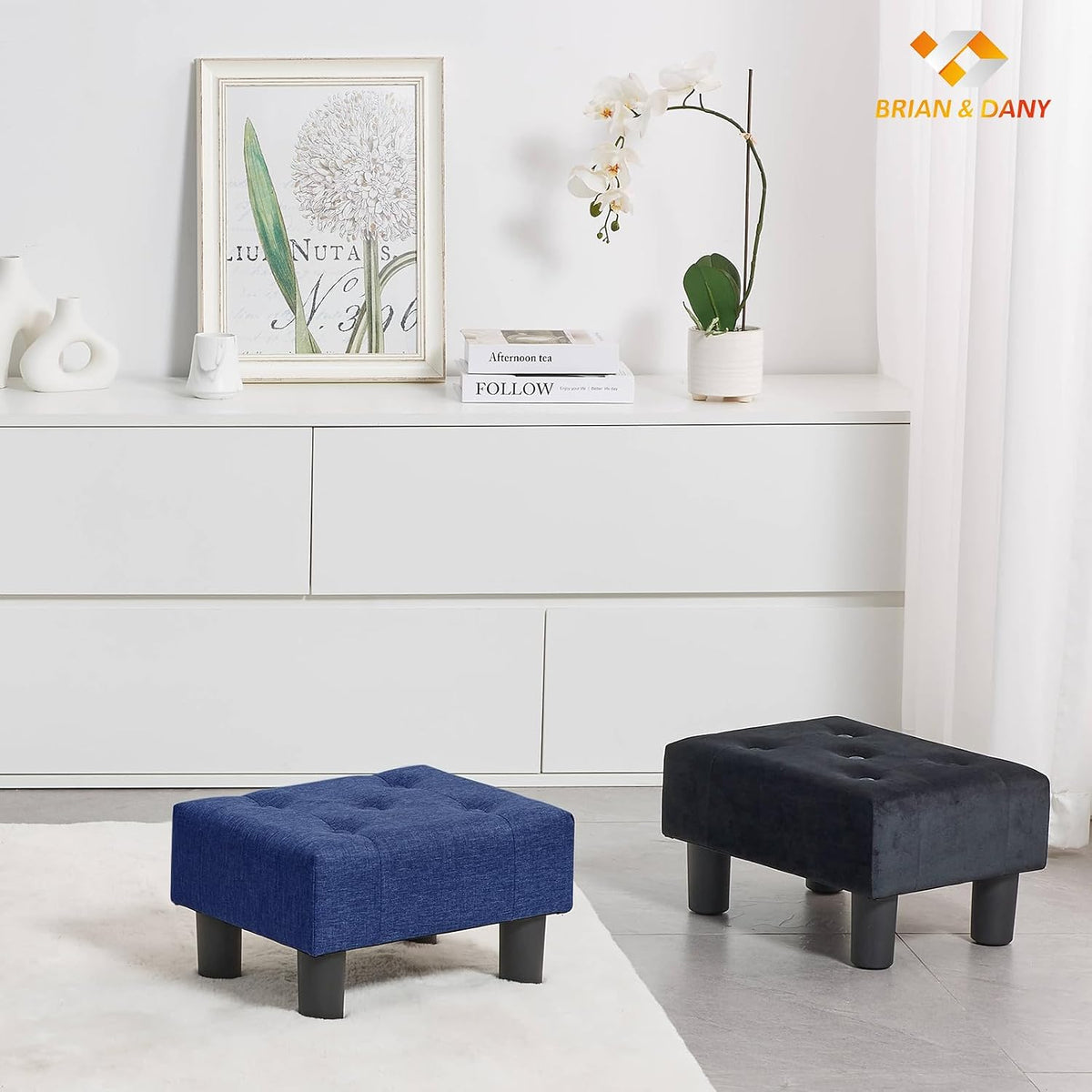 BRIAN & DANY Small Foot Stool, Linen Foot Stools with Legs, Stable Small Footstool for Living Room, Blue