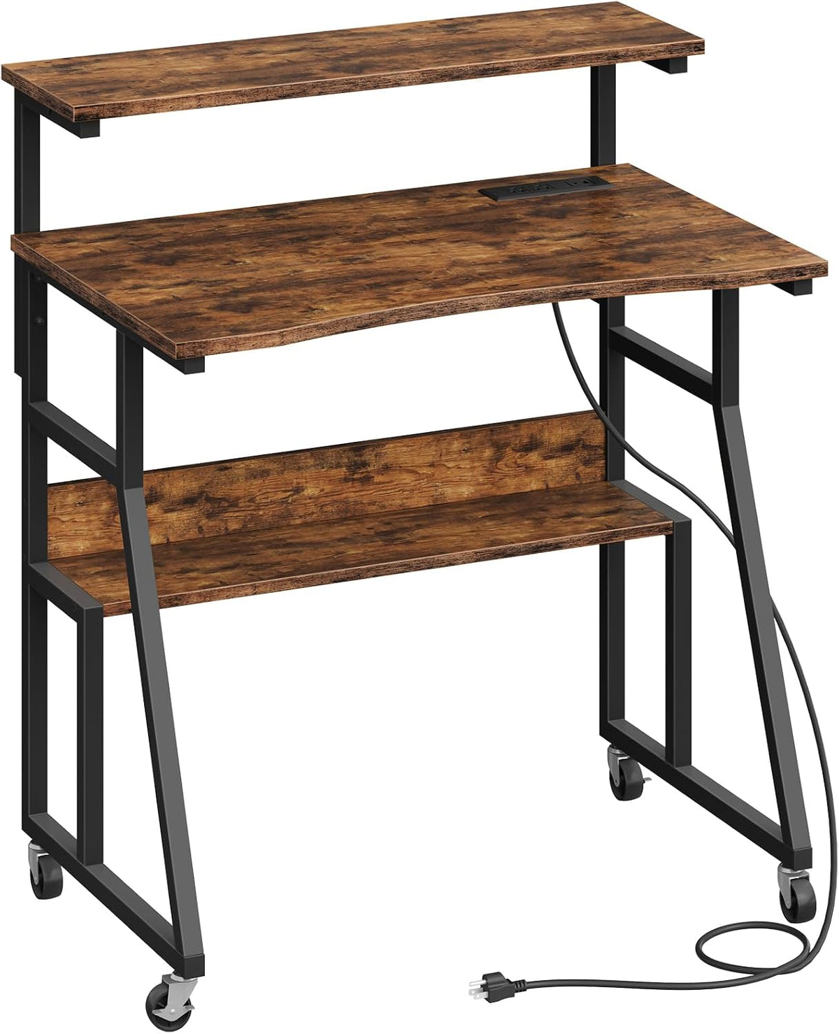 CHOEZON Rolling Computer Desk with Charging Station, 31.5 Inch Mobile Desk with Adjustable Monitor Stand & Storage Shelf, Laptop Table for Home Office, Small Space, Rustic Brown and Black TDN03UBF