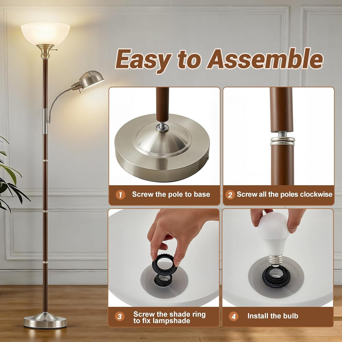 EJIAXIN 72" Wood Torchiere Floor Lamp with Glass Shade Walnut Standing Lamp