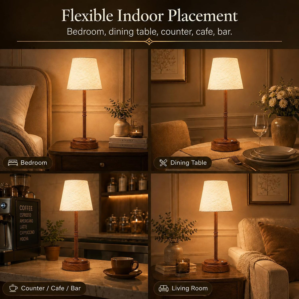 Rechargeable Cordless Table Lamp, Battery Operated Bedside Lamp, Wood Grain