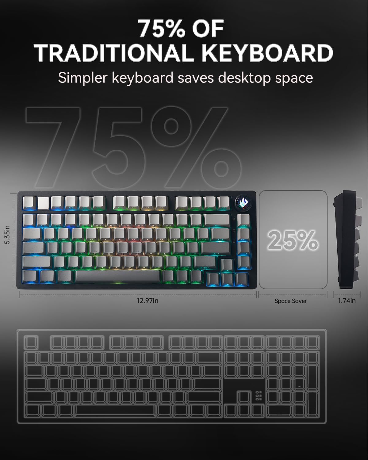 LEOBOG x Aula HI75C Pro Mechanical Keyboard, 75% Hot Swappable Gaming Keyboard with Five-Layer Knob, Bluetooth/2.4GHz/USB-C Wireless Keyboards for Windows/MAC/iOS/Android - Reaper Switch, Grey