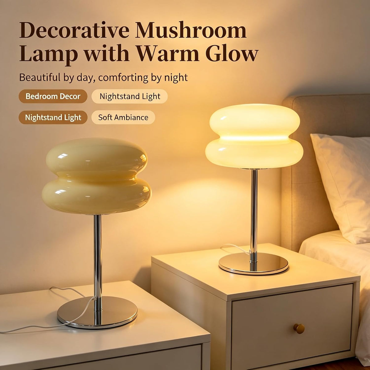 Mushroom lamp, Bedroom Medieval Modern Bedside Table lamp for Night Stands, Vintage dimmable Small Lamps, Cute Cool Desk Lamps Home Room Aesthetic Decor for Living Room(Cream)