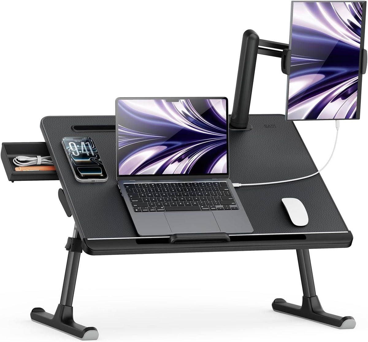SAIJI Laptop Bed Table for Dual Screens, Lap Desk with Monitor Stand