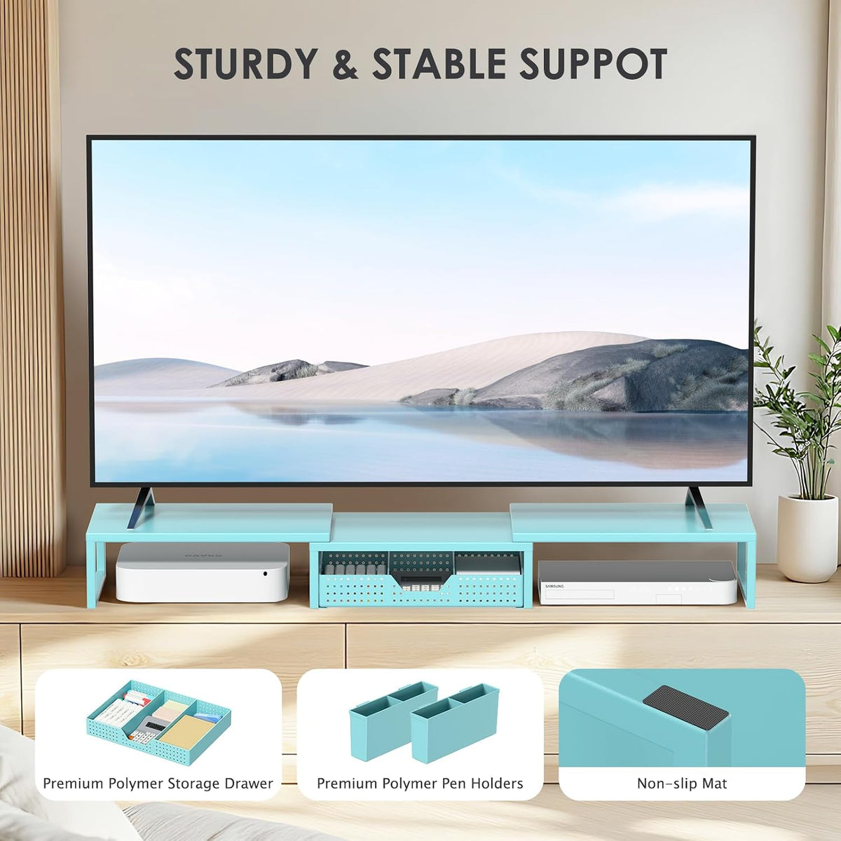 Desk Organizers and Accessories, Dual Monitor Stand Riser with Drawer and 2 Pen Holders, Desk Shelf Computer Racks & Printer Stand for Office Workspace Organizers, Desktop Organization (Blue)